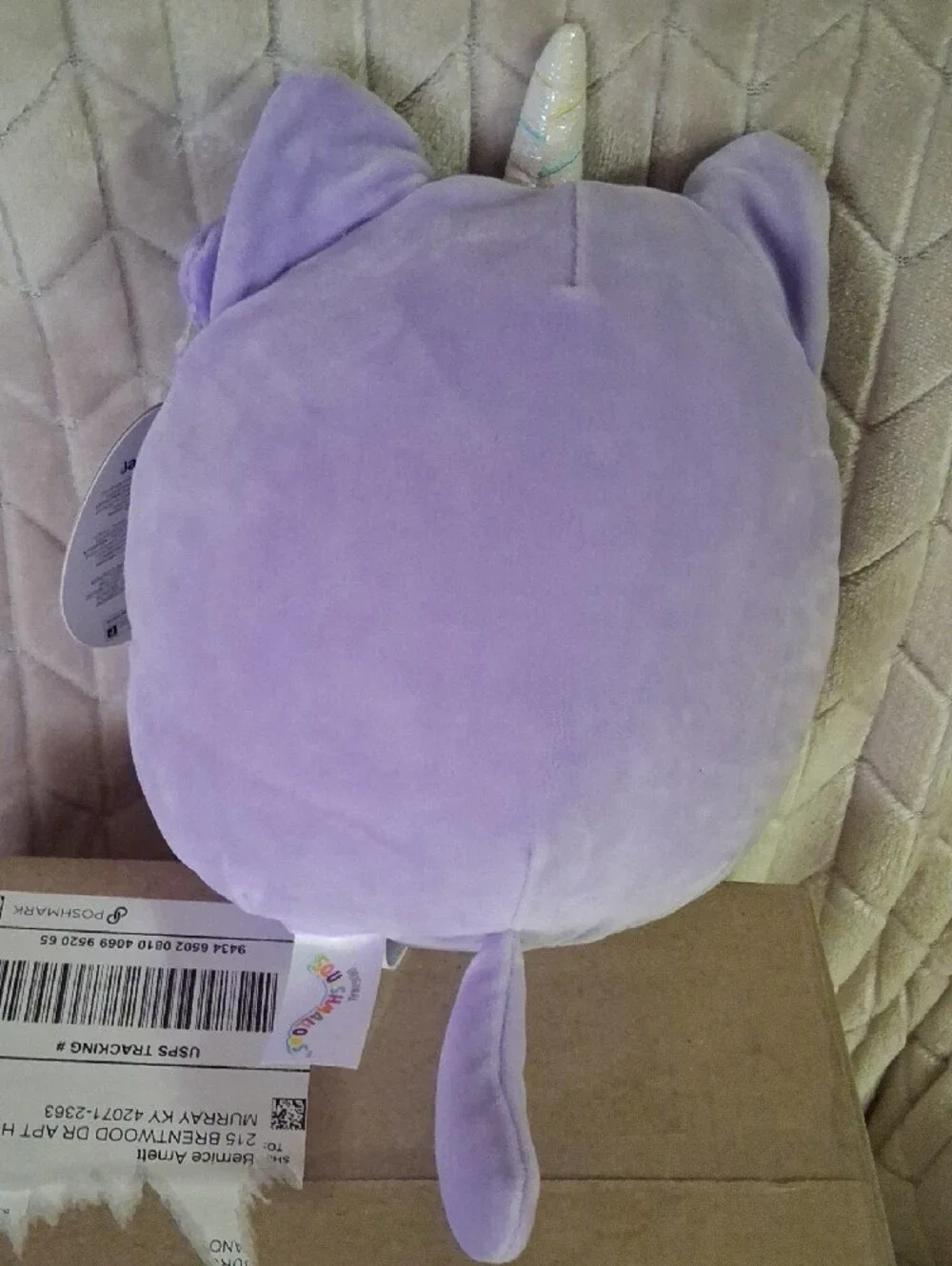 Squishmallows Cienna The Purple Unicorn Cat with Pastel Rainbow Belly.